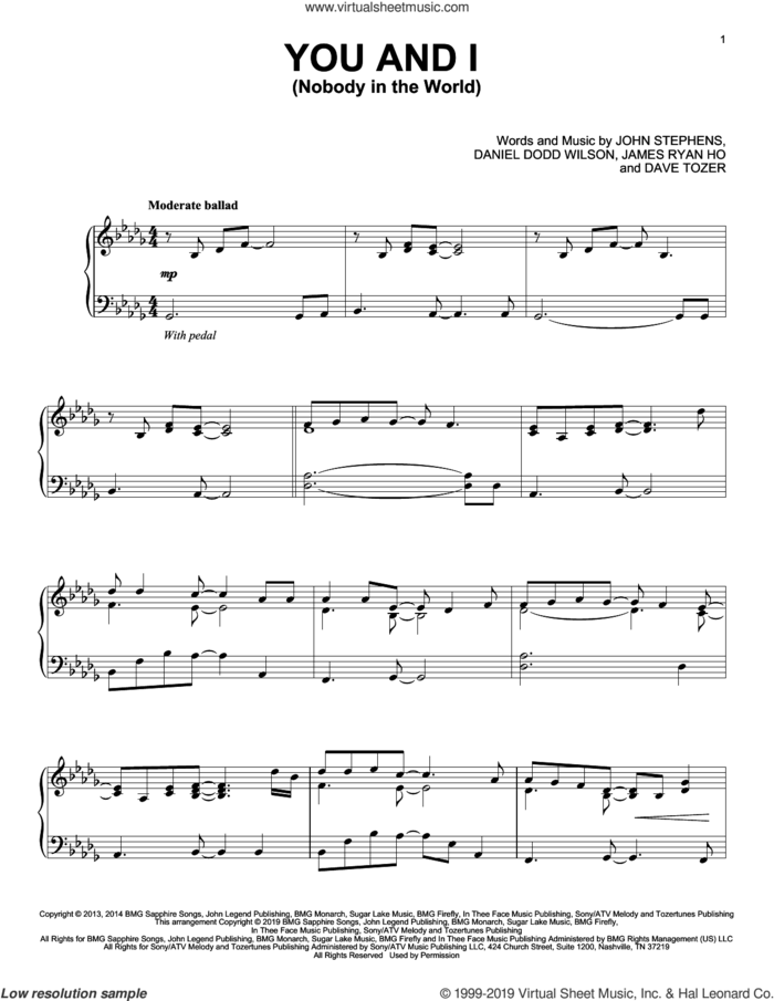 You And I (Nobody In The World) sheet music for piano solo by John Legend, Daniel Dodd Wilson, Dave Tozer, James Ryan Ho and John Stephens, intermediate skill level