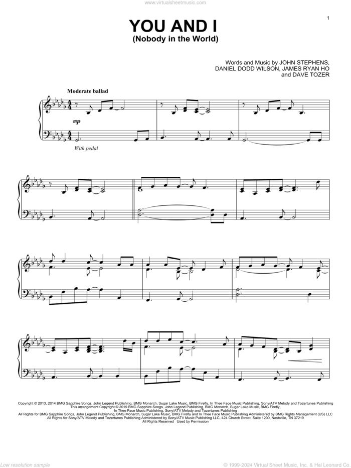 You And I (Nobody In The World), (intermediate) sheet music for piano solo by John Legend, Daniel Dodd Wilson, Dave Tozer, James Ryan Ho and John Stephens, intermediate skill level