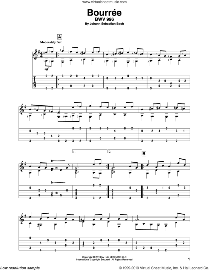 Bouree (arr. Bill LaFleur) sheet music for guitar solo by Johann Sebastian Bach and Bill LaFleur, classical score, intermediate skill level