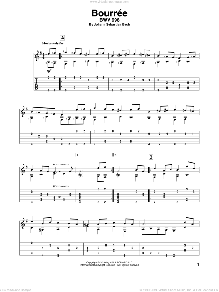 Bouree (arr. Bill LaFleur) sheet music for guitar solo by Johann Sebastian Bach and Bill LaFleur, classical score, intermediate skill level