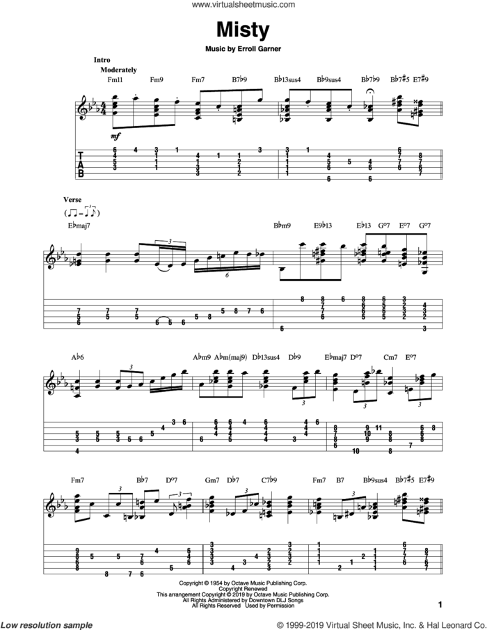 Misty (arr. Bill LaFleur) sheet music for guitar solo by Johnny Mathis, Bill LaFleur, Erroll Garner and John Burke, intermediate skill level