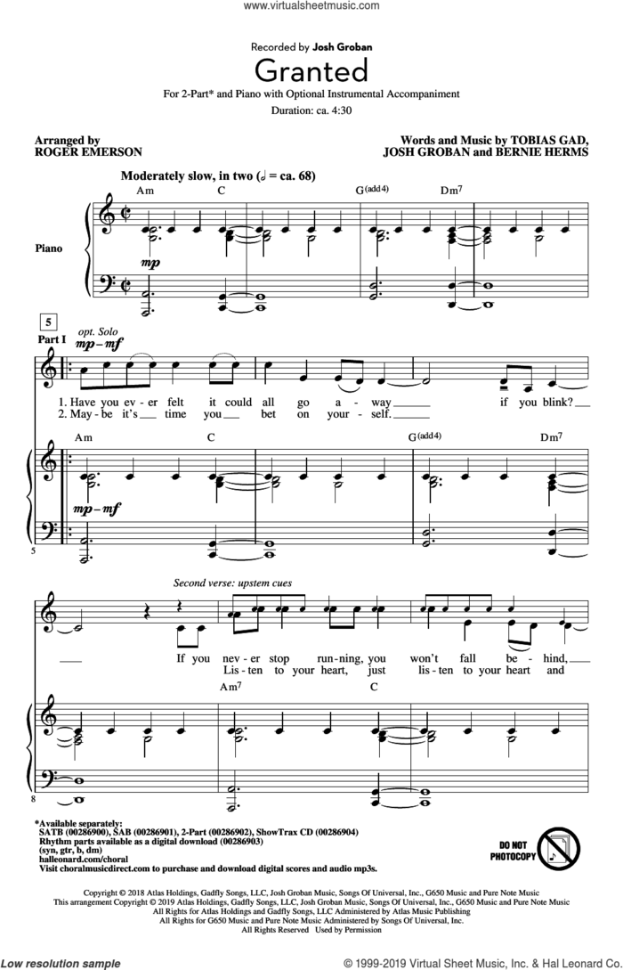 Granted (arr. Roger Emerson) sheet music for choir (2-Part) by Josh Groban, Roger Emerson, Bernie Herms and Toby Gad, intermediate duet