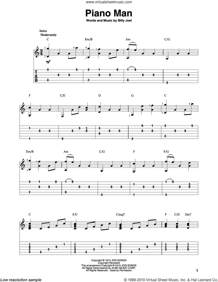 Piano Man (arr. Bill LaFleur) sheet music for guitar solo by Billy Joel and Bill LaFleur, intermediate skill level