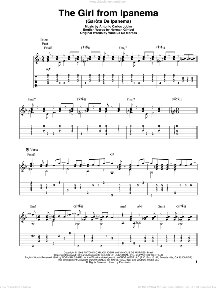 The Girl From Ipanema (Garota De Ipanema) (arr. Bill LaFleur) sheet music for guitar solo by Norman Gimbel, Stan Getz & Astrud Gilberto, Bill LaFleur, Antonio Carlos Jobim and Vinicius de Moraes, intermediate skill level