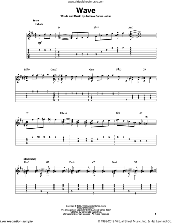 Wave sheet music for guitar solo by Antonio Carlos Jobim and Bill LaFleur, intermediate skill level