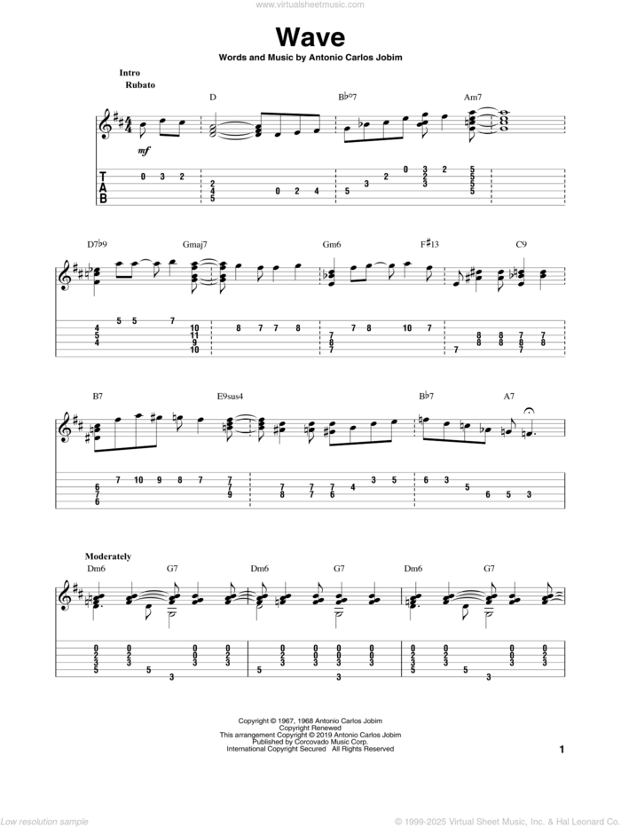 Wave sheet music for guitar solo by Antonio Carlos Jobim and Bill LaFleur, intermediate skill level