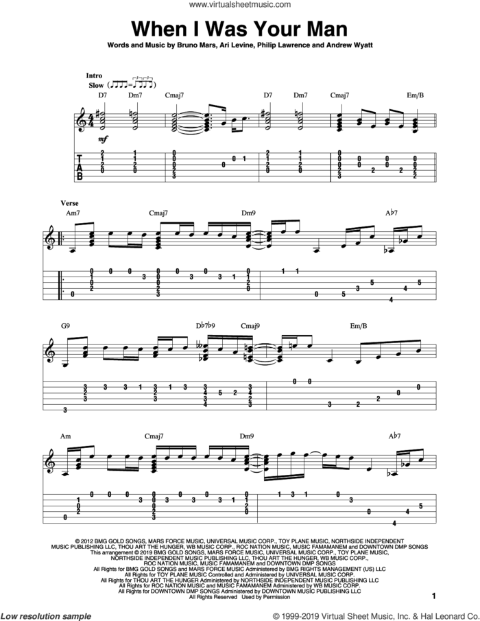 When I Was Your Man (arr. Bill LaFleur) sheet music for guitar solo by Bruno Mars, Bill LaFleur, Andrew Wyatt, Ari Levine and Philip Lawrence, intermediate skill level