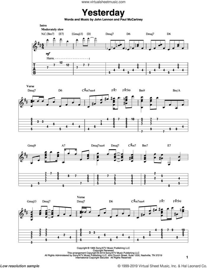Yesterday (arr. Bill LaFleur) sheet music for guitar solo by The Beatles, Bill LaFleur, John Lennon and Paul McCartney, intermediate skill level
