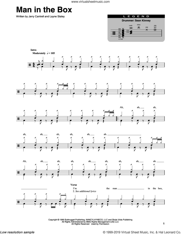Man In The Box sheet music for drums by Alice In Chains, Jerry Cantrell and Layne Staley, intermediate skill level