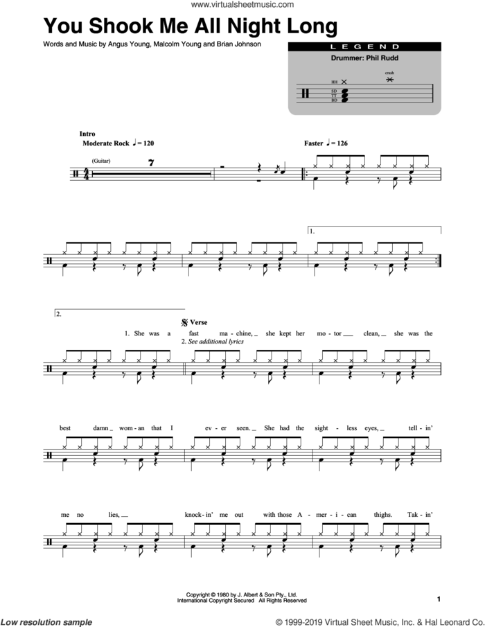 You Shook Me All Night Long sheet music for drums by AC/DC, Angus Young, Brian Johnson and Malcolm Young, intermediate skill level