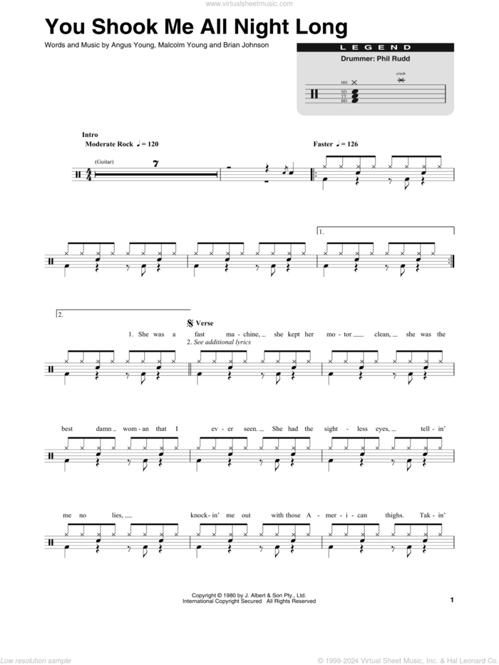 You Shook Me All Night Long sheet music for drums by AC/DC, Angus Young, Brian Johnson and Malcolm Young, intermediate skill level