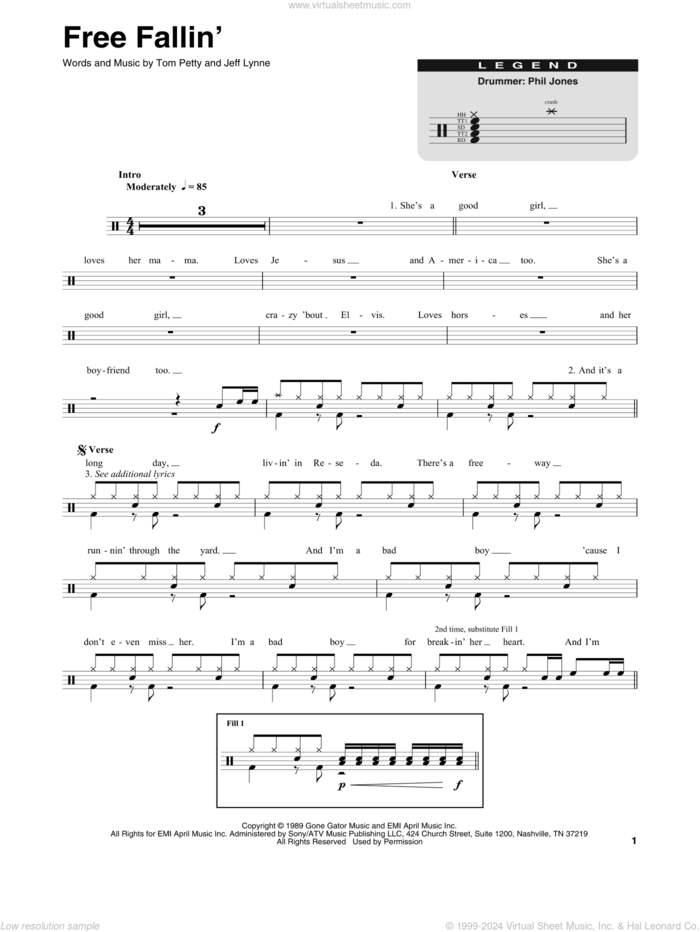 Free Fallin' sheet music for drums by Tom Petty and Jeff Lynne, intermediate skill level