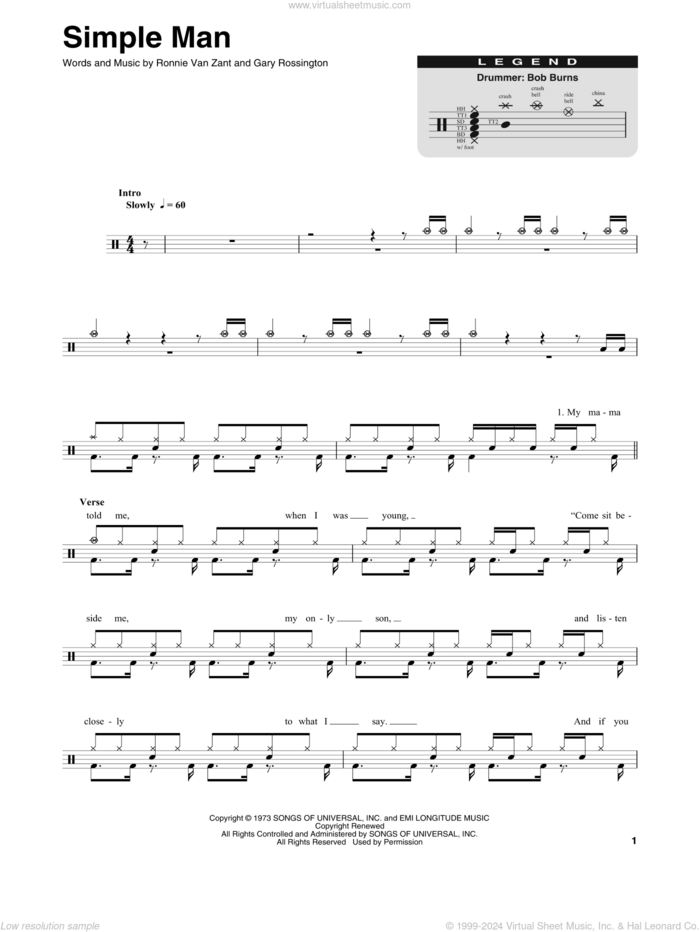 Simple Man sheet music for drums by Lynyrd Skynyrd, Gary Rossington and Ronnie Van Zant, intermediate skill level