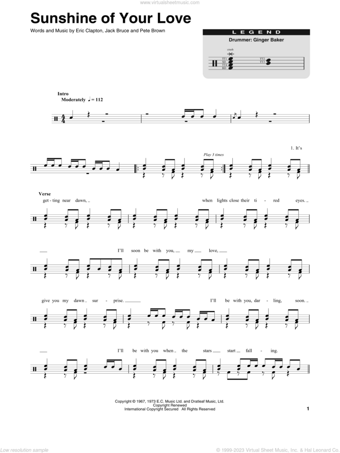 Sunshine Of Your Love sheet music for drums by Cream, Eric Clapton, Jack Bruce and Pete Brown, intermediate skill level