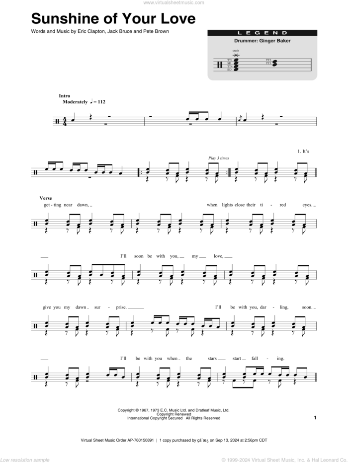 Sunshine Of Your Love sheet music for drums by Cream, Eric Clapton, Jack Bruce and Pete Brown, intermediate skill level