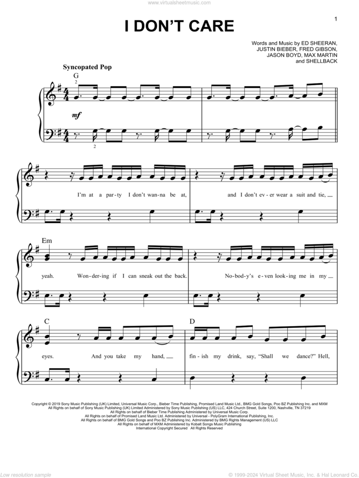 I Don't Care sheet music for piano solo by Ed Sheeran & Justin Bieber, Ed Sheeran, Fred Gibson, Jason Boyd, Johan Schuster, Justin Bieber and Max Martin, easy skill level