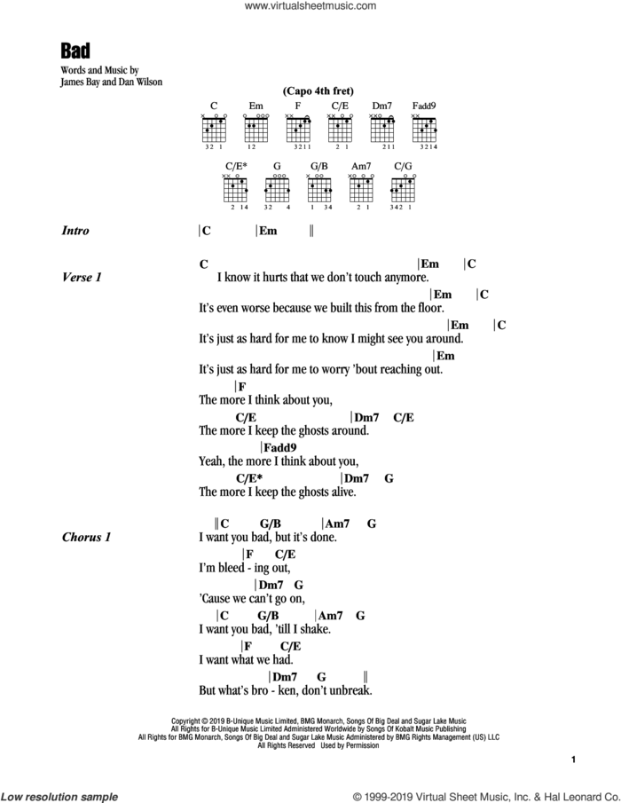 Bad sheet music for guitar (chords) by James Bay and Dan Wilson, intermediate skill level