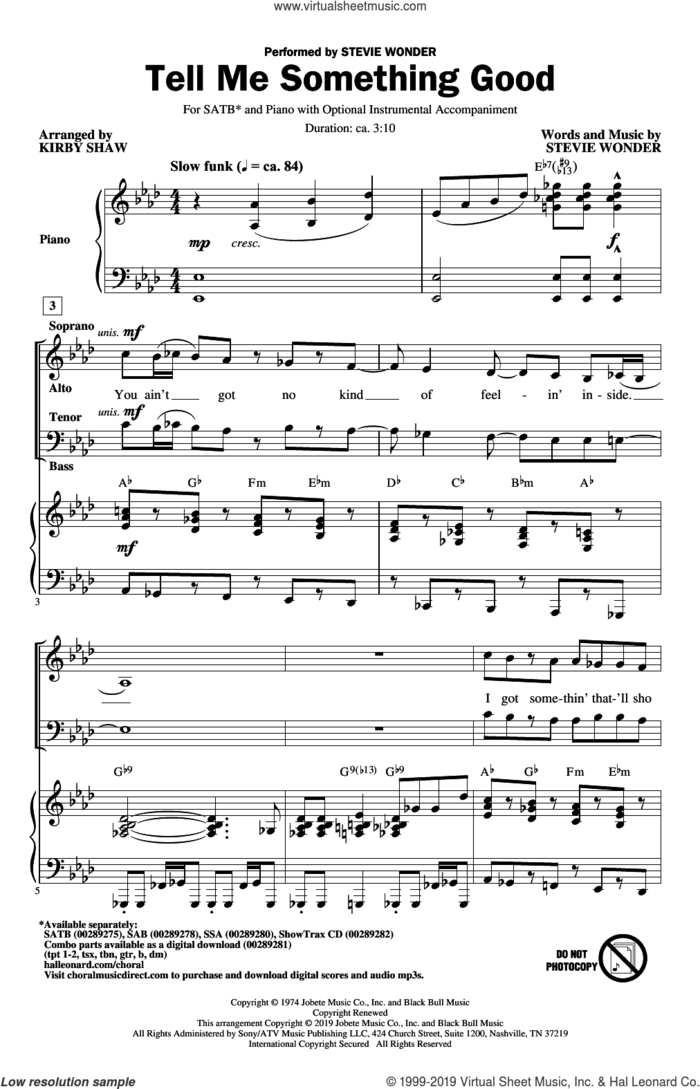 Tell Me Something Good (arr. Kirby Shaw) sheet music for choir (SATB: soprano, alto, tenor, bass) by Stevie Wonder and Kirby Shaw, intermediate skill level
