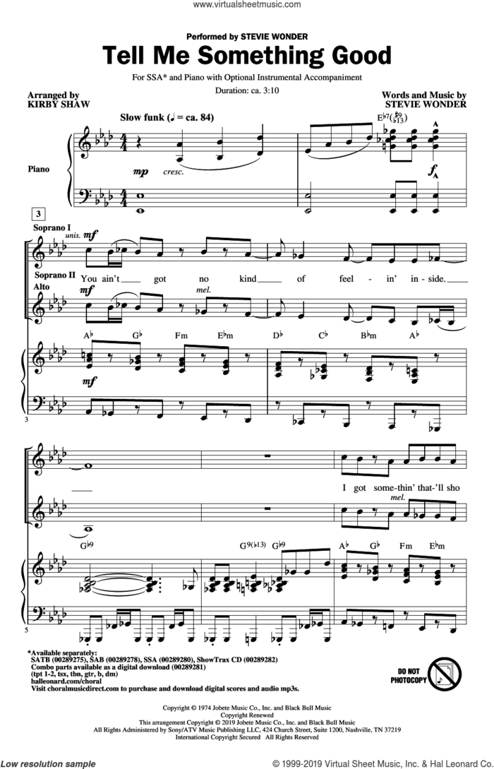 Tell Me Something Good (arr. Kirby Shaw) sheet music for choir (SSA: soprano, alto) by Stevie Wonder and Kirby Shaw, intermediate skill level