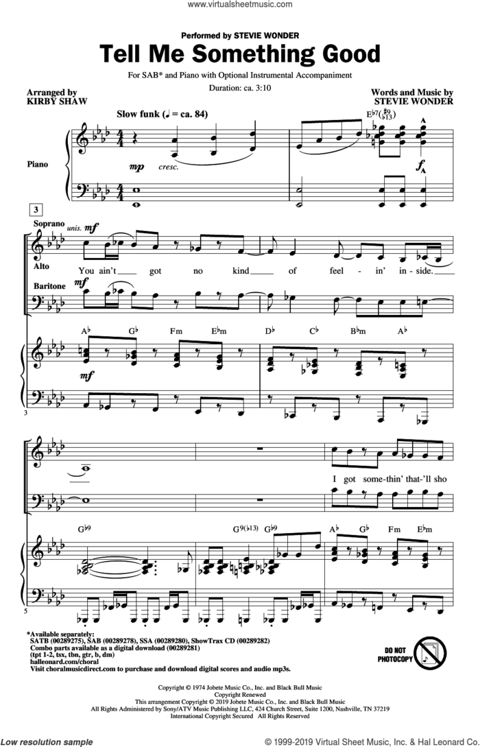 Tell Me Something Good (arr. Kirby Shaw) sheet music for choir (SAB: soprano, alto, bass) by Stevie Wonder and Kirby Shaw, intermediate skill level
