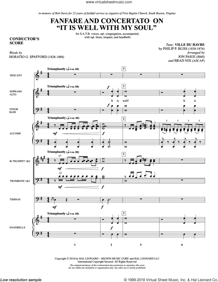 Fanfare and Concertato on 'It Is Well with My Soul' sheet music for orchestra/band (full score) by Philip P. Bliss, Jon Paige & Brad Nix and Horatio Spafford, intermediate skill level