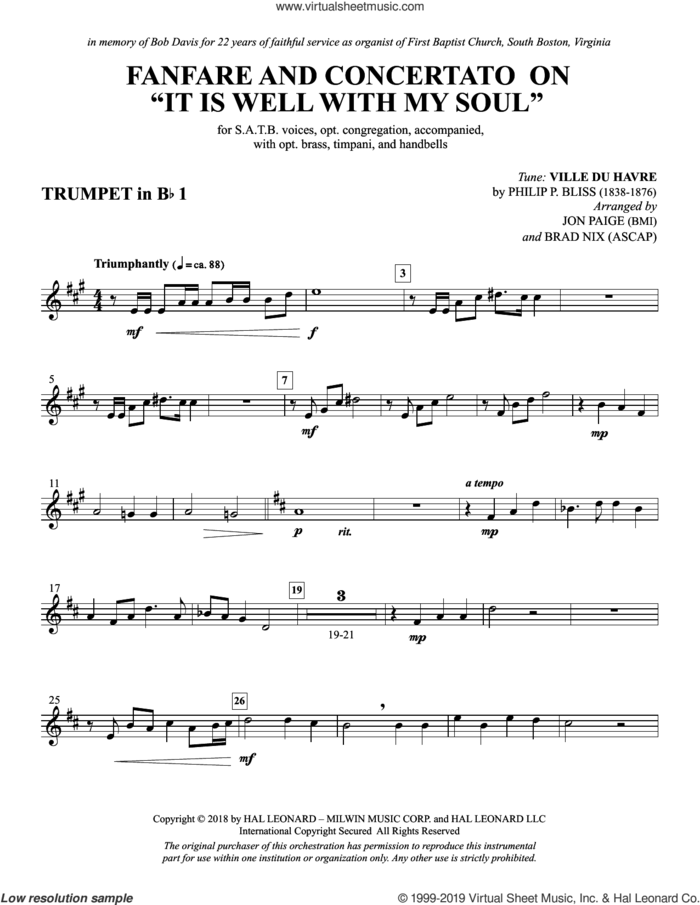Fanfare and Concertato on 'It Is Well with My Soul' sheet music for orchestra/band (Bb trumpet 1) by Philip P. Bliss, Jon Paige & Brad Nix and Horatio Spafford, intermediate skill level
