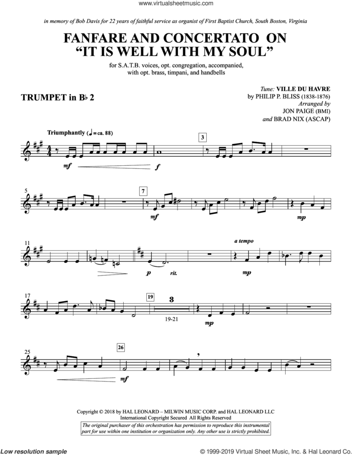 Fanfare and Concertato on 'It Is Well with My Soul' sheet music for orchestra/band (Bb trumpet 2) by Philip P. Bliss, Jon Paige & Brad Nix and Horatio Spafford, intermediate skill level