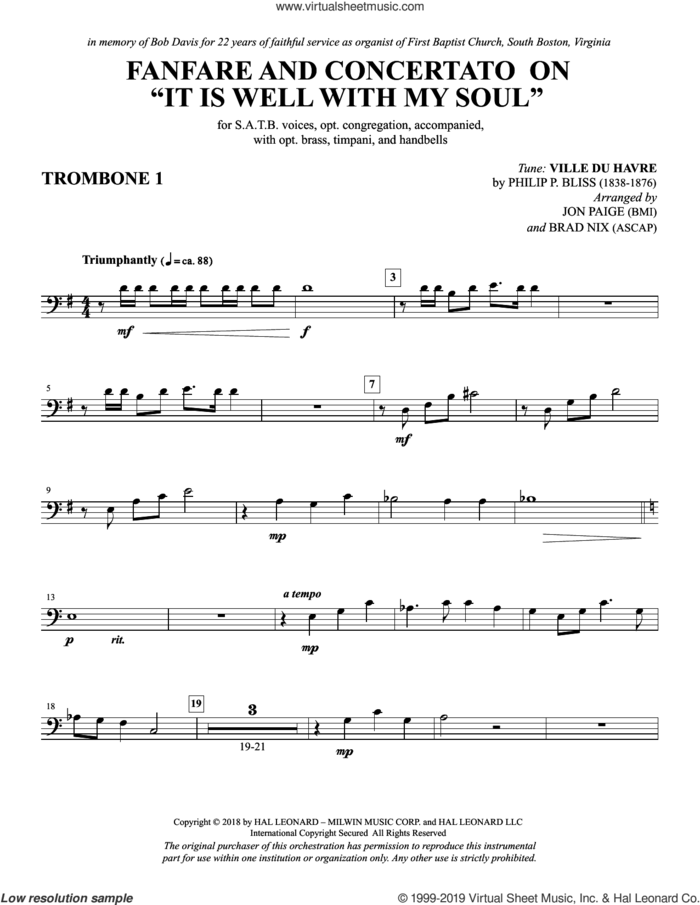 Fanfare and Concertato on 'It Is Well with My Soul' sheet music for orchestra/band (trombone 1) by Philip P. Bliss, Jon Paige & Brad Nix and Horatio Spafford, intermediate skill level