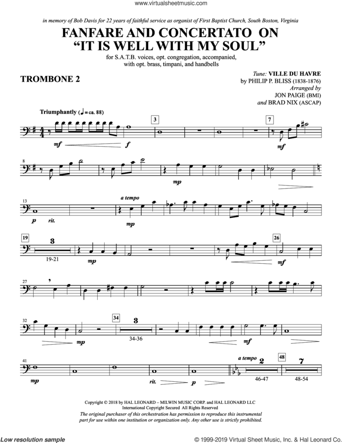 Fanfare and Concertato on 'It Is Well with My Soul' sheet music for orchestra/band (trombone 2) by Philip P. Bliss, Jon Paige & Brad Nix and Horatio Spafford, intermediate skill level