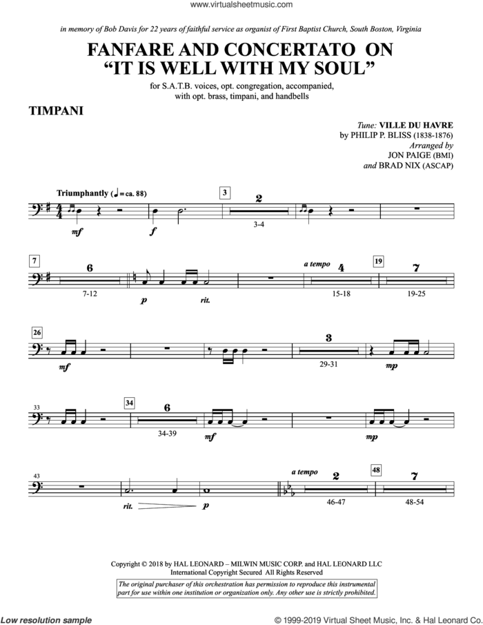 Fanfare and Concertato on 'It Is Well with My Soul' sheet music for orchestra/band (timpani) by Philip P. Bliss, Jon Paige & Brad Nix and Horatio Spafford, intermediate skill level