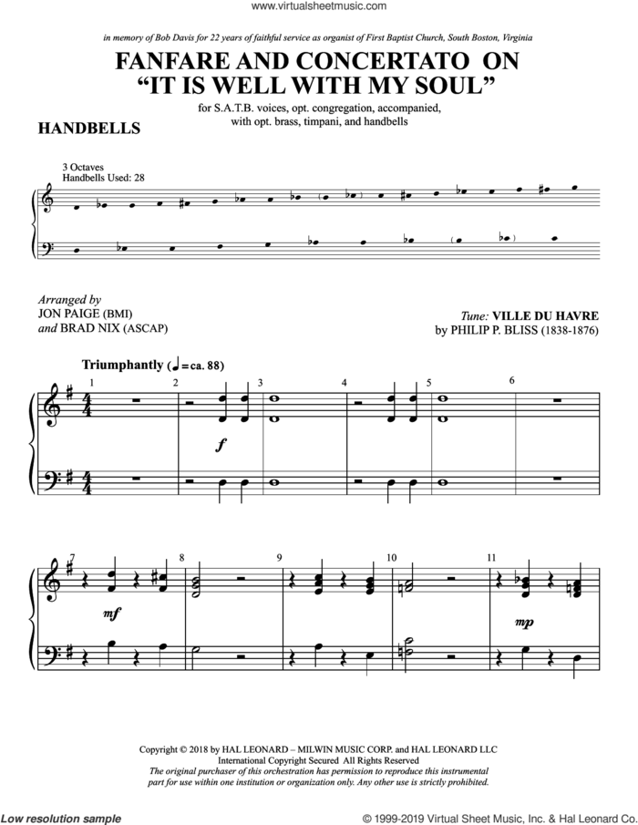 Fanfare and Concertato on 'It Is Well with My Soul' sheet music for orchestra/band (handbells) by Philip P. Bliss, Brad Nix, Jon Paige, Jon Paige & Brad Nix and Horatio Spafford, intermediate skill level