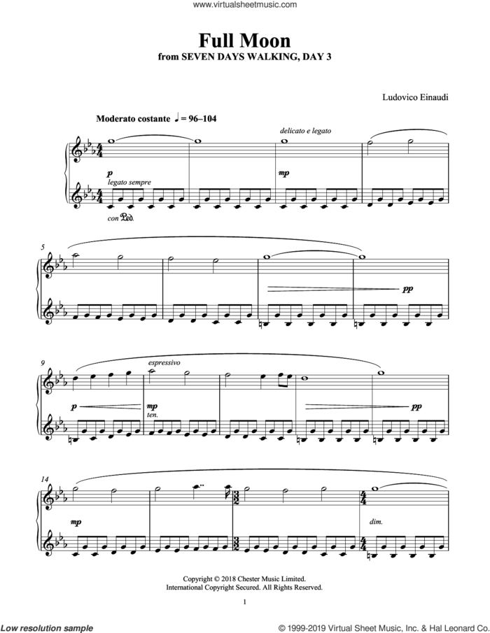 Full Moon (from Seven Days Walking: Day 3) sheet music for piano solo by Ludovico Einaudi, classical score, intermediate skill level