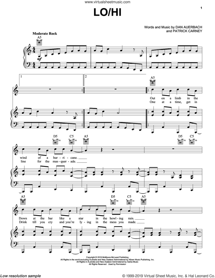Lo/Hi sheet music for voice, piano or guitar by The Black Keys, Daniel Auerbach and Patrick Carney, intermediate skill level