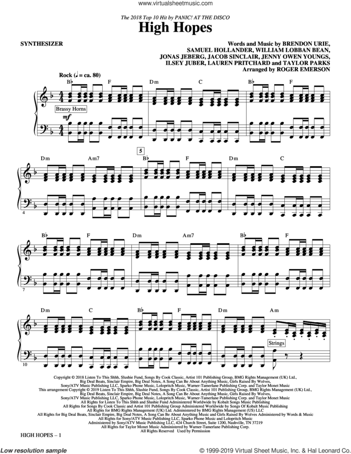 High Hopes (arr. Roger Emerson) (complete set of parts) sheet music for orchestra/band by Sam Hollander, Brendon Urie, Ilsey Juber, Jacob Sinclair, Jenny Owen Youngs, Jonas Jeberg, Lauren Pritchard, Panic! At The Disco, Tayla Parx and William Lobban Bean, intermediate skill level