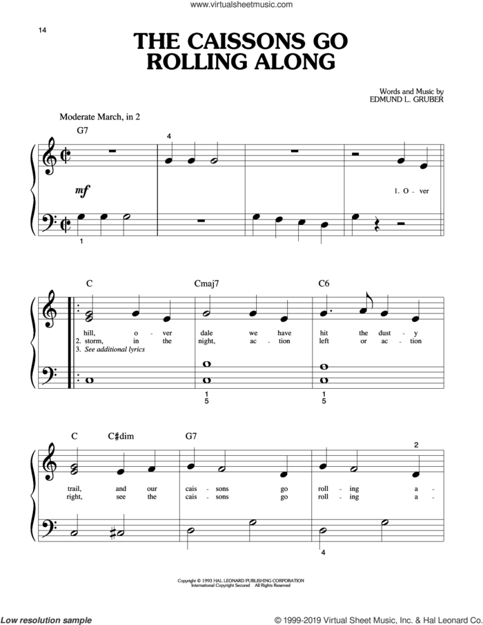 The Caissons Go Rolling Along sheet music for piano solo (big note book) by Edmund L. Gruber, easy piano (big note book)