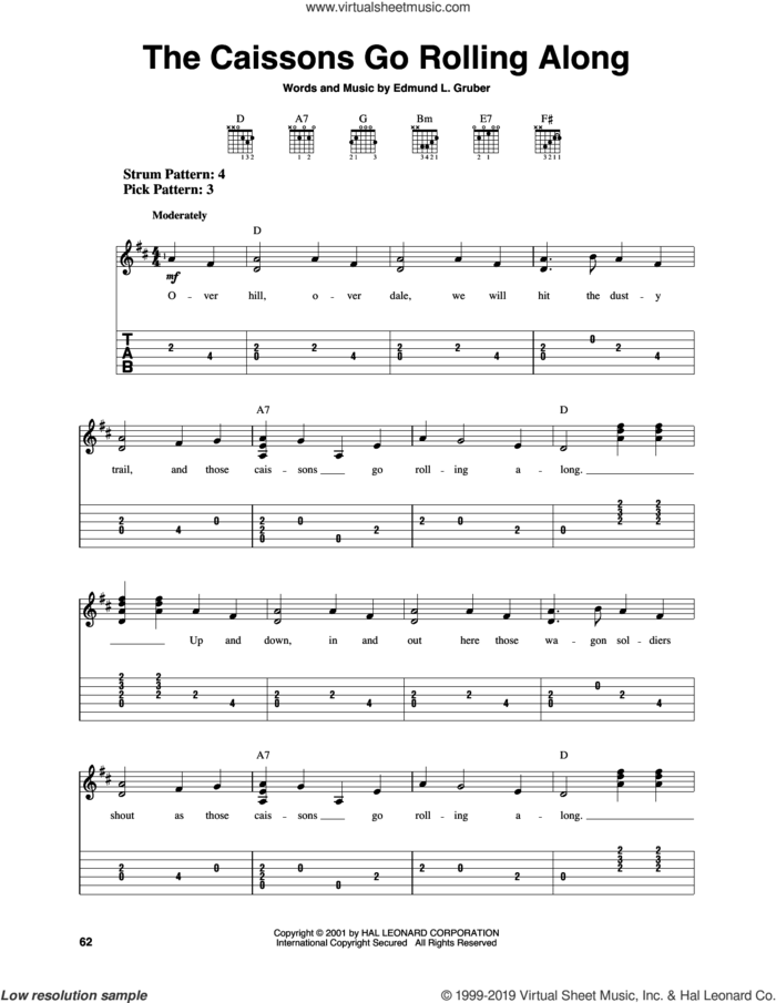 The Caissons Go Rolling Along sheet music for guitar solo (easy tablature) by Edmund L. Gruber, easy guitar (easy tablature)