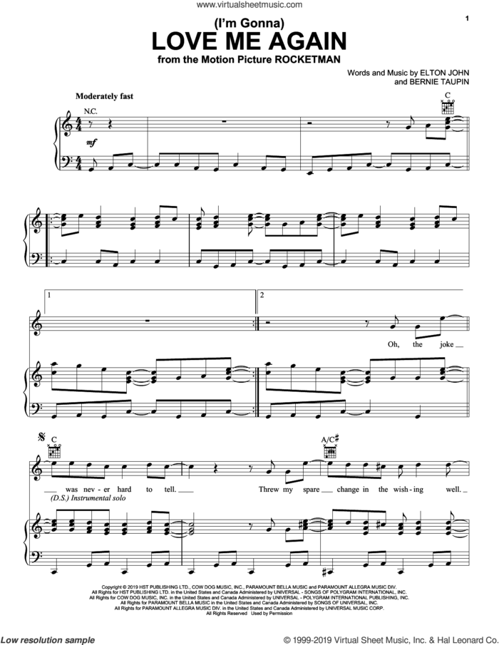 (I'm Gonna) Love Me Again (from Rocketman) sheet music for voice, piano or guitar by Elton John & Taron Egerton, Bernie Taupin and Elton John, intermediate skill level
