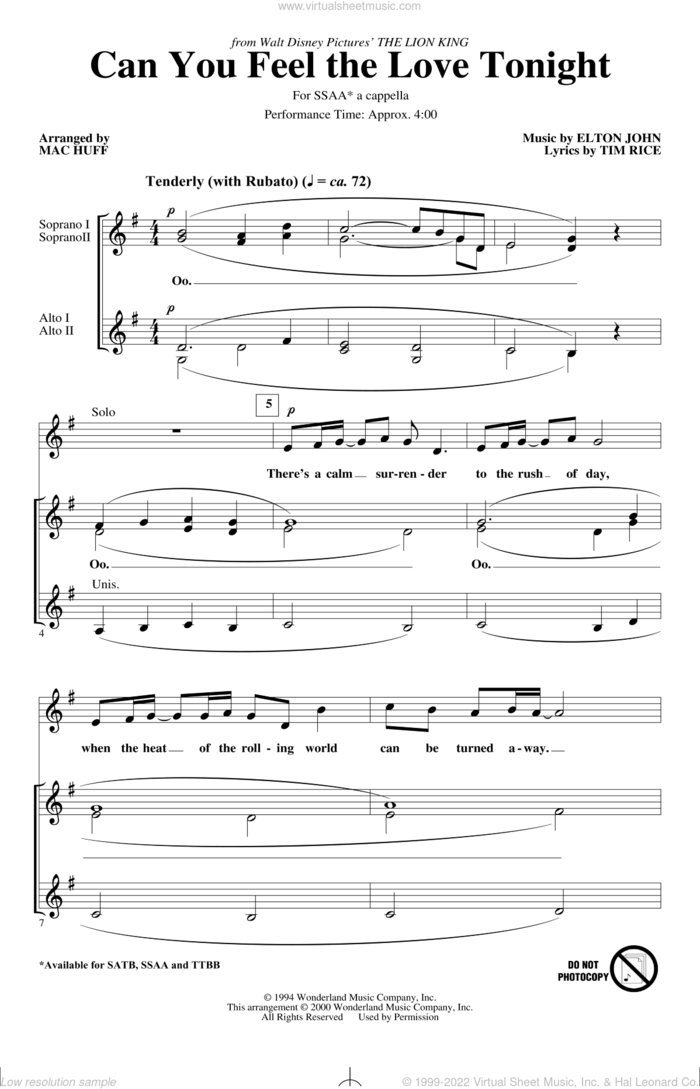 Can You Feel the Love Tonight (from The Lion King) (arr. Mac Huff) sheet music for choir (SSA: soprano, alto) by Elton John, Mac Huff and Tim Rice, wedding score, intermediate skill level