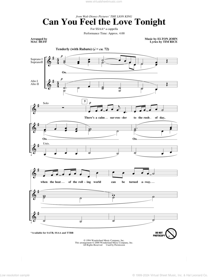 Can You Feel the Love Tonight (from The Lion King) (arr. Mac Huff) sheet music for choir (SSA: soprano, alto) by Elton John, Mac Huff and Tim Rice, wedding score, intermediate skill level