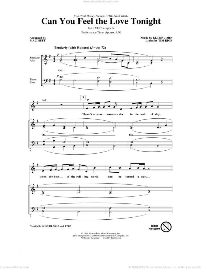Can You Feel the Love Tonight (from The Lion King) (arr. Mac Huff) sheet music for choir (SATB: soprano, alto, tenor, bass) by Elton John, Mac Huff and Tim Rice, wedding score, intermediate skill level