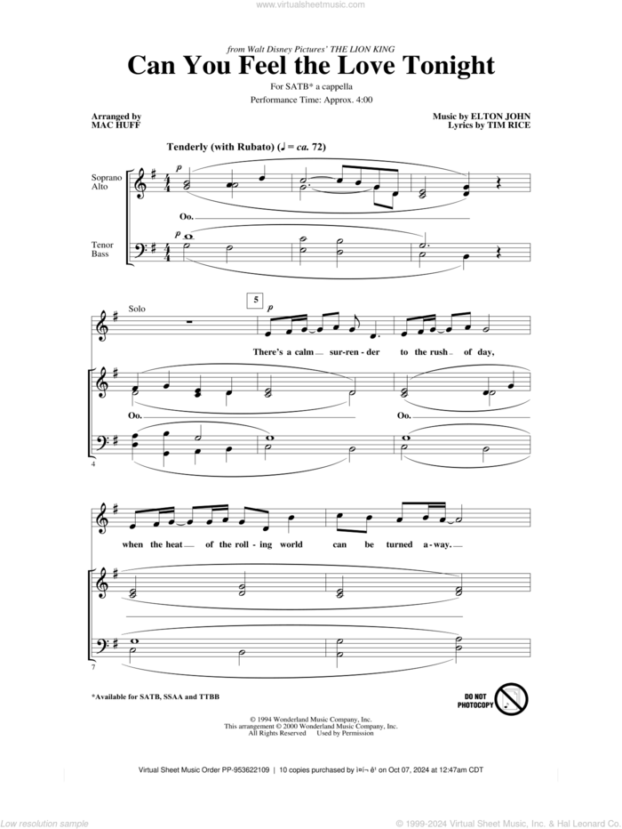 Can You Feel the Love Tonight (from The Lion King) (arr. Mac Huff) sheet music for choir (SATB: soprano, alto, tenor, bass) by Elton John, Mac Huff and Tim Rice, wedding score, intermediate skill level