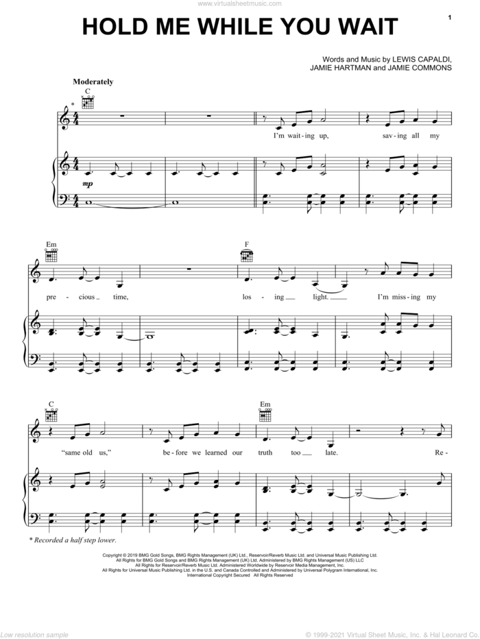Hold Me While You Wait sheet music for voice, piano or guitar by Lewis Capaldi, Jamie Commons and Jamie Hartman, intermediate skill level
