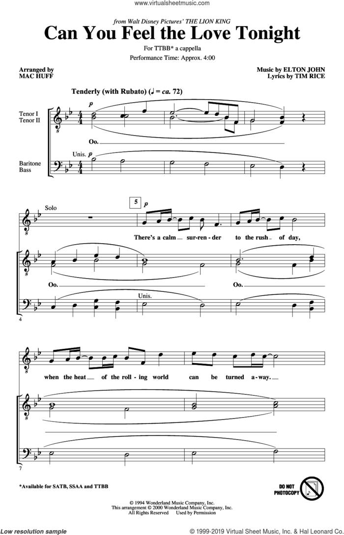 Can You Feel the Love Tonight (from The Lion King) (arr. Mac Huff) sheet music for choir (TTBB: tenor, bass) by Elton John, Mac Huff and Tim Rice, wedding score, intermediate skill level
