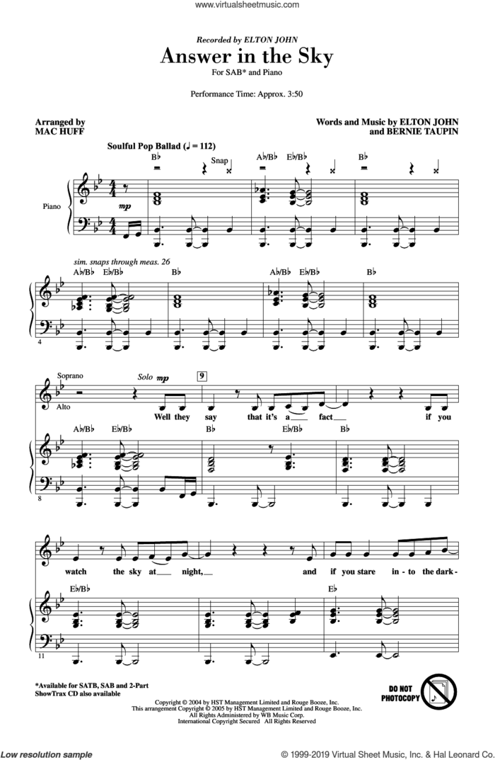 Answer In The Sky (arr. Mac Huff) sheet music for choir (SAB: soprano, alto, bass) by Elton John, Mac Huff and Bernie Taupin, intermediate skill level