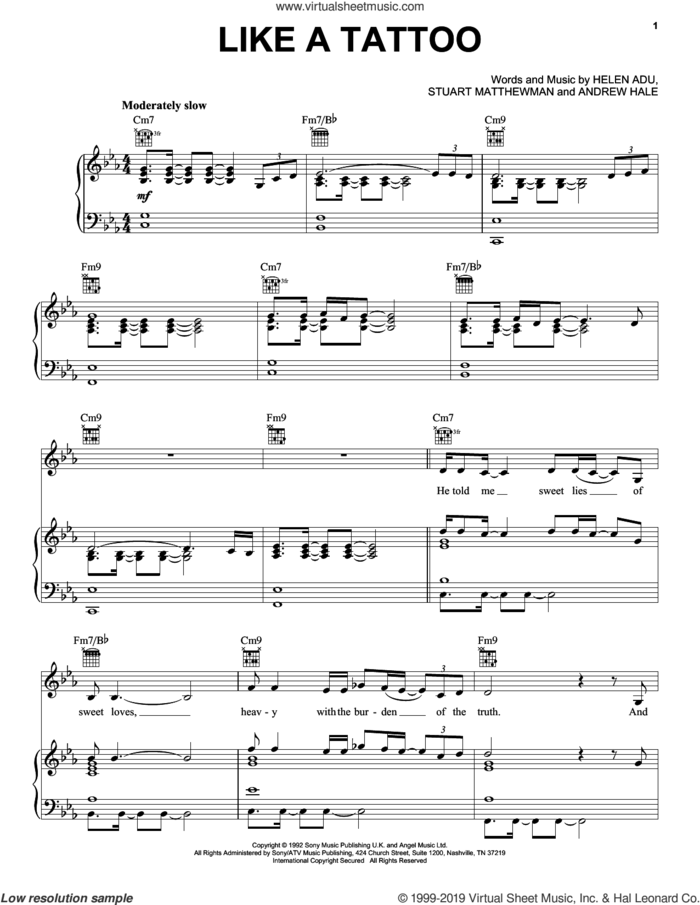 Like A Tattoo sheet music for voice, piano or guitar by Sade, Andrew Hale, Helen Adu and Stuart Matthewman, intermediate skill level