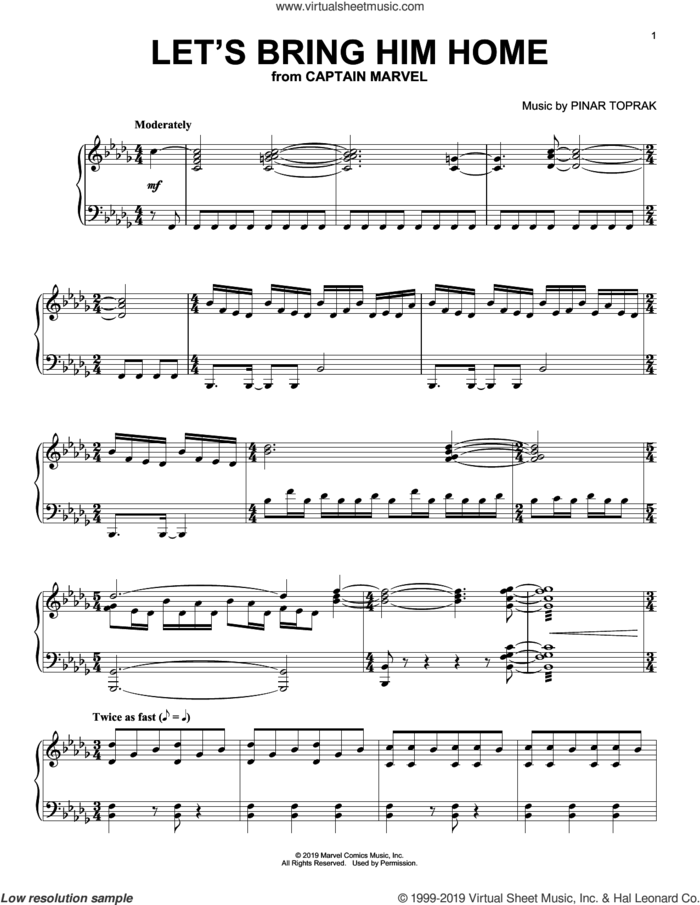 Let's Bring Him Home (from Captain Marvel) sheet music for piano solo by Pinar Toprak, intermediate skill level