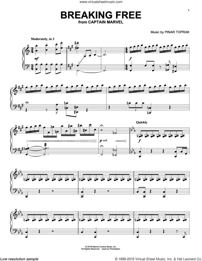 Breaking Free (from Captain Marvel) sheet music for piano solo by Pinar Toprak, intermediate skill level