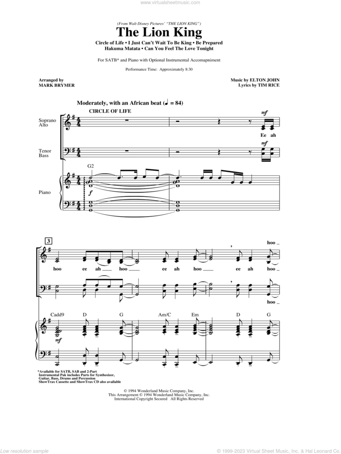 The Lion King (Medley) (arr. Mark Brymer) sheet music for choir (SATB: soprano, alto, tenor, bass) by Elton John, Mark Brymer, Elton John & Tim Rice and Tim Rice, intermediate skill level