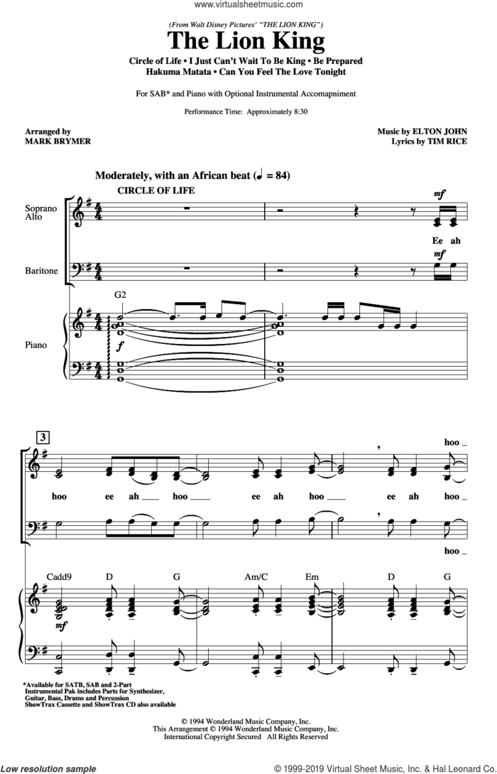 The Lion King (Medley) (arr. Mark Brymer) sheet music for choir (SAB: soprano, alto, bass) by Elton John, Mark Brymer, Elton John & Tim Rice and Tim Rice, intermediate skill level