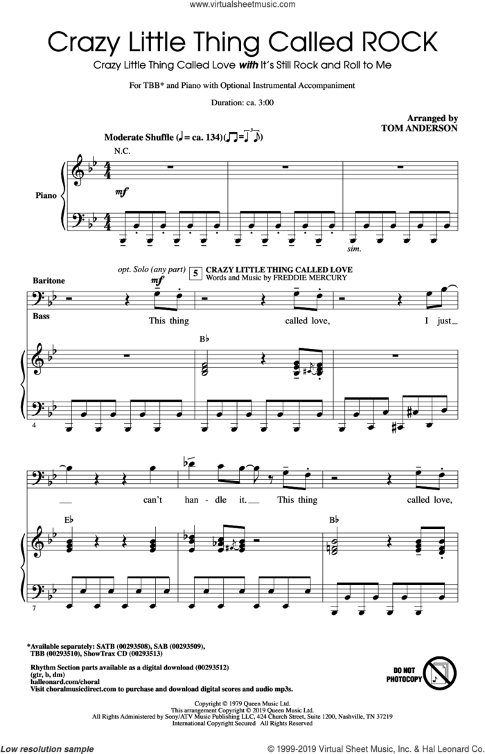 Crazy Little Thing Called ROCK (arr. Tom Anderson) sheet music for choir (TBB: tenor, bass) by Queen & Billy Joel, Tom Anderson and Freddie Mercury, intermediate skill level